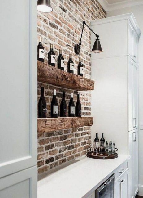 Transformed with brick tiles Chicago Brick Backsplash, Wine Bar Ideas, Built In Wine Bar, Wine Bar Kitchen, Brick Wall Kitchen, Kitchen Feature Wall, Fake Brick, Brick Backsplash Kitchen, Chicago Brick