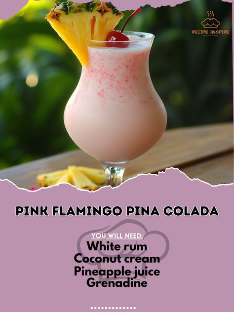 🎀 "Pretty in pink and perfect for sipping—try our Pink Flamingo Pina Colada today!" 🌸🍍 #PinkFlamingoPinaColada #TropicalTreat Pink Flamingo Pina Colada Ingredients: White rum (2 oz) Coconut cream (2 oz) Pineapple juice (4 oz) Grenadine (0.5 oz) Ice (as needed) Pineapple slice (for garnish) Maraschino cherry (for garnish) Instructions: In a blender, combine white rum, coconut cream, pineapple juice, and ice. Blend until smooth. Pour into a glass and drizzle grenadine on top. Garnish with a... Pink Flamingo Pina Colada, Giggle Water, Drinks Refreshing, Hawaii Recipes, Pina Colada Rum, Alcholic Drinks, Rum Cream, Cocktail Drinks Alcoholic, Mixed Drinks Alcohol