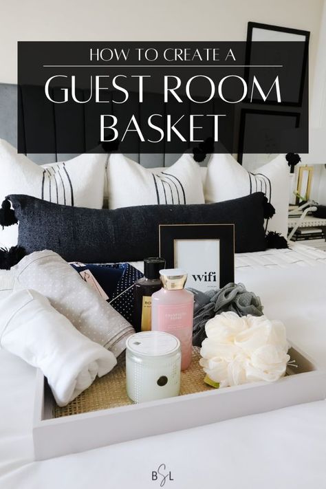 Modern Bed Wall, Cute Guest Room, Guest Room Basket, Tray On Bed, Diy Guest Room, Guest Room Baskets, Guest Welcome Baskets, Guest Basket, Cozy Guest Room