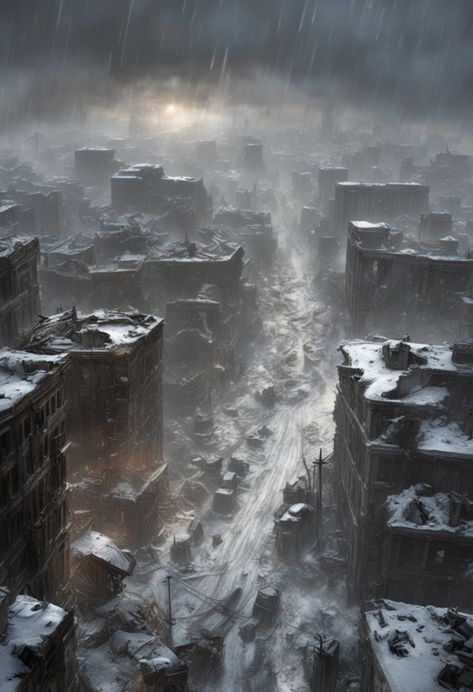 Flooded Apocalypse, Nuclear Wasteland Aesthetic, Nuclear Winter Aesthetic, Winter Dystopia, Post Apocalyptic Winter, Sci Fi Apocalypse, Snowy Wasteland, Apocalypse Winter, Ice Apocalypse