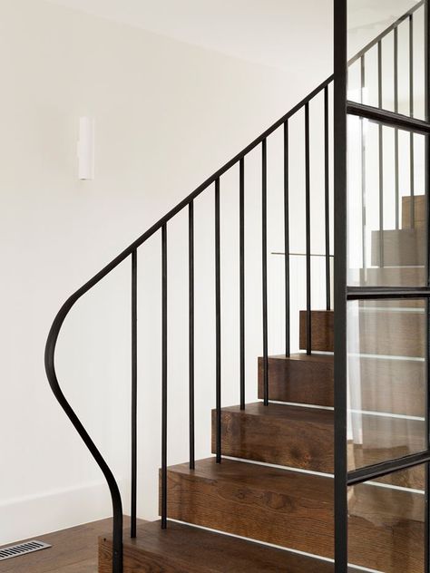 Balancing Home in Sydney, Australia by Luigi Rosselli Architects Dark Oak Flooring, Luigi Rosselli, Stair Rails, Steel Balustrade, Stair Rail, Steel Handrail, Metal Stairs, Stair Case, Staircase Railings