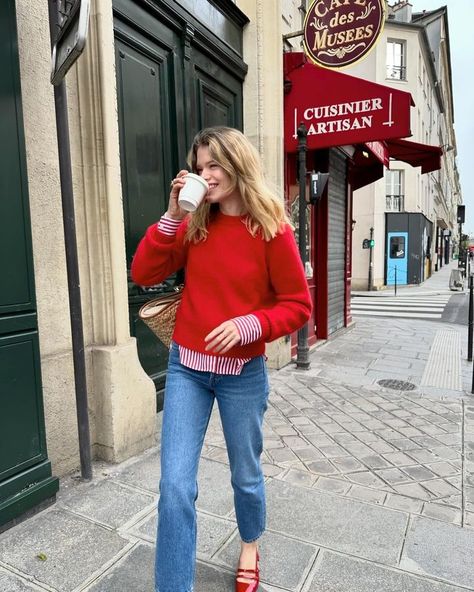 All Posts • Instagram Red Striped Shirt Outfit, Lily Collins Outfit, Red Flats Outfit, Cosy Fits, Red Sweater Outfit, Outfits With Striped Shirts, Lily Collins Style, Stylish Spring Outfit, Red Striped Shirt