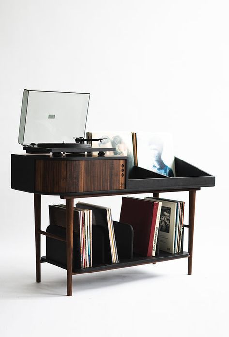 Tables For Record Players, Vinyl Cabinet, Vinyl Player On Shelf, Turntable Furniture Design, Industrial Vinyl Record Storage, Woodworking Record Stand, Record Player Victrola, Vinyl Record Furniture, Turntable Furniture