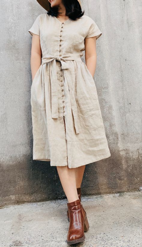 Button Loops Dress, Button Up Linen Dress, Cute Linen Dress, Little Cottonwood Dress, One Piece Designs For Women, Linen Frocks For Women, Sew Linen Dress, Simple Linen Dress Pattern, Linen Frock Design