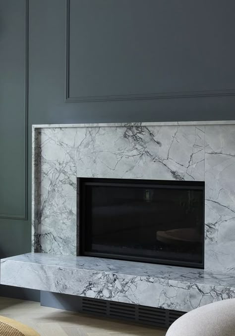 Mitered Fireplace Surround, Hole In The Wall Fireplace, Contemporary Marble Fireplace, Marble Fireplace Surround Ideas, White Marble Fireplace Surround, Quartzite Fireplace Surround, Marble Tiled Fireplace, Electric Fireplace Surround Ideas, Marble Tile Fireplace Surround