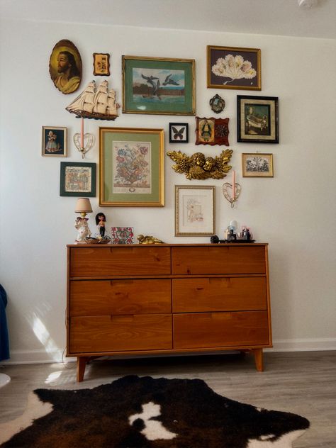 Floating Gallery Wall, Mid Century Modern Collage Wall, Mid Century Modern Living Room Gallery Wall, Mid Century Maximalism Bedroom, Gallery Wall With Mirrors And Art, Mid Century Gallery Wall Ideas, Gallery Wall Dresser, Vintage Gallery Wall Prints, Gallery Wall Green Walls