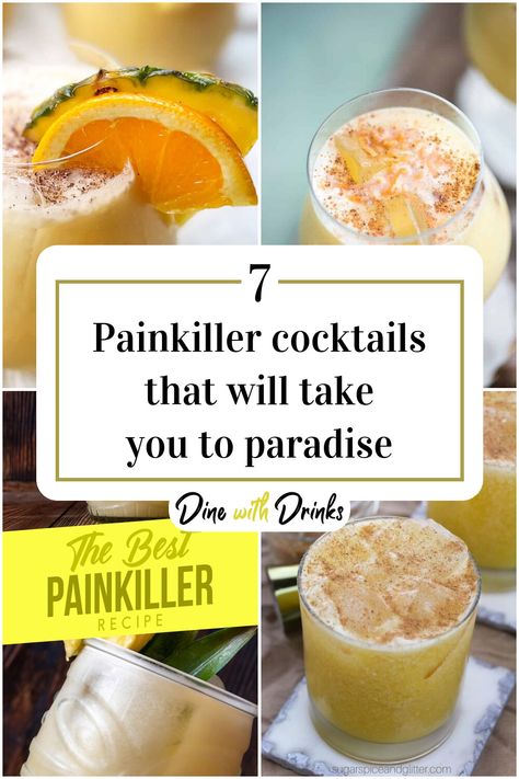 Collage of 4 painkiller cocktails. Pain Killer Drink Recipe, Pain Killer Cocktail, Painkiller Drink Recipe, Painkiller Drink, Painkiller Recipe, Painkiller Cocktail, Tropical Drink Recipes, Caribbean Drinks, Drink Recipies