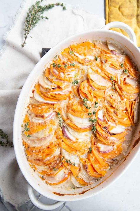 Root Vegetable Gratin Recipe | Vintage Mixer Veggie Gratin, Vegetable Gratin Recipes, Rutabaga Recipes, Root Vegetable Gratin, Vegetable Gratin, Turnip Recipes, Sweet Potato Gratin, Creamy Fruit Salads, Yummy Veggies