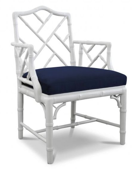 Jonathan Adler Chippendale chair white navy Chinese Chippendale Chairs, Chippendale Design, Bamboo Chairs, Chippendale Chairs, Chinese Chippendale, Chair Frame, White Upholstery, White Dining Chairs, Diy Chair