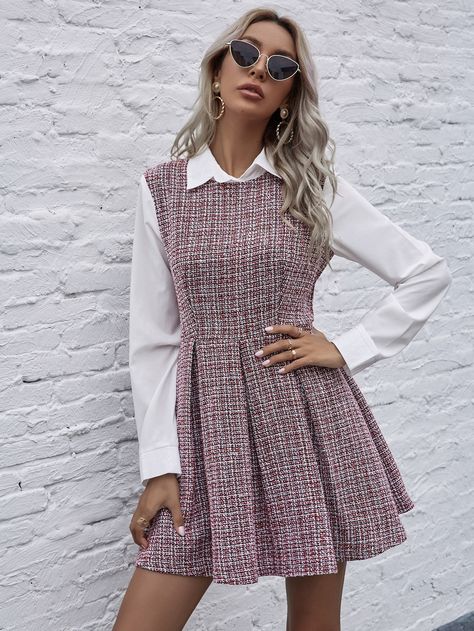 Tweed Dress Winter, 1940s Style Outfits, Tweed Dress Outfit, Tweed Fashion, Dress From Shein, Long Sleeves Dress, Tailored Clothes, Europe Fashion, Ladies Gown