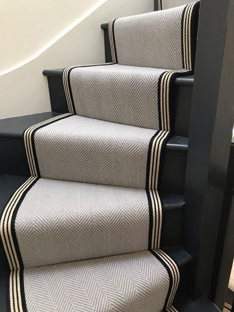 Stairways Ideas, Stairs And Hallway Ideas, Stairway Carpet, Striped Stair Runner, Stair Runner Installation, Stairs Carpet, Black Staircase, Hall Stairs, Carpet Staircase