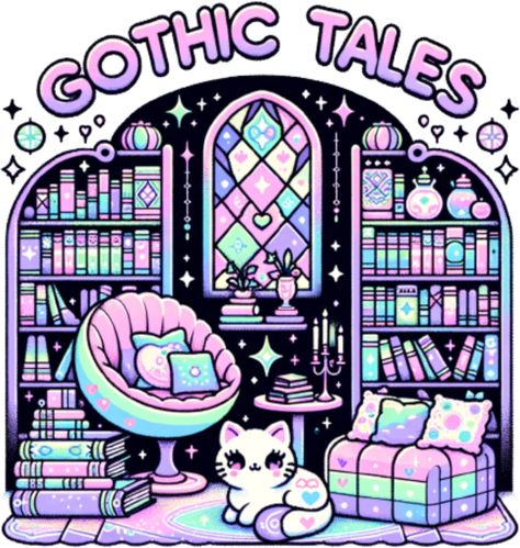 Graphic of a detailed pastel goth library with books. There's a cozy reading nook with cushions, and a kawaii cat with pastel patterns lounges on a chair. Above, cute text reads: 'Gothic Tales.' Embrace your inner bookworm with this Pastel Goth Library Bookworm Raven Crow Gothic Tales product. Perfect for those who love all things gothic and literary. Ideal for Halloween, book lovers, gothic enthusiasts, or just anyone who loves to curl up with a good book. Show off your unique style with this o Pastel Goth Pattern, Pastel Witch Aesthetic Outfit, Gothic Love Art, Kawaii Library, Goth Library, Kawaii Halloween Art, Gothic Pastel, Cute Text, Pastel Goth Art