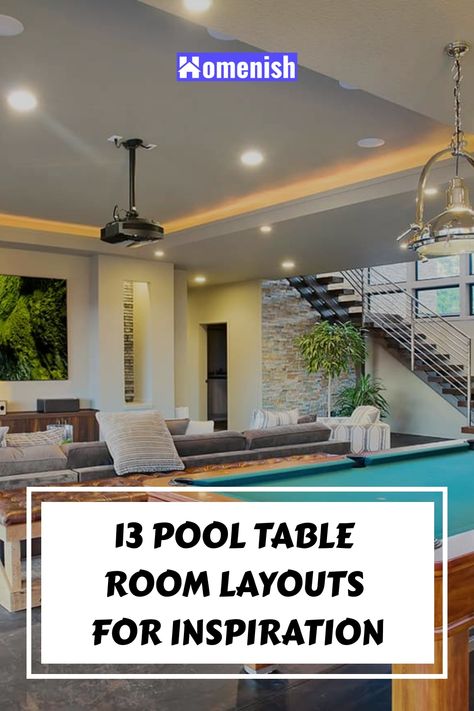 A pool table is a great addition to any home, but they are so large that it can be tricky finding a place for them to fit. Here we look at various pool room layouts to use as inspiration in your own space. Great Room With Pool Table, Pool Table Games Room, Pool Table Seating, Finished Basement Ideas With Pool Table, Family Room With Pool Table Layout, Small Game Room With Pool Table, Pool Table Small Room Ideas, Farmhouse Pool Table Room, Pool Table Living Room Ideas