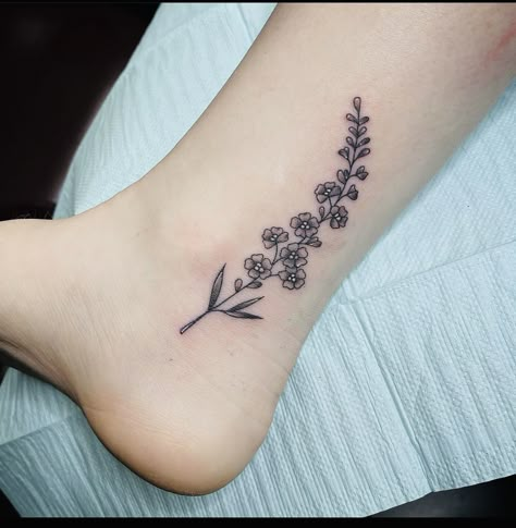 Larkspur Ankle Tattoo, Larkspur Tattoo With Butterfly, Larkspur With Butterfly Tattoo, Larkspur Collar Bone Tattoo, July Larkspur Tattoo, July Larkspur Tattoo Simple, Larkspur Flower Tattoo With Butterfly, Larkspur Line Tattoo, Delphinium Flower Tattoo