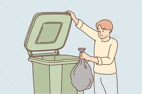 Man Throws Garbage Into Large Container for Membuang Sampah Pada Tempatnya, Environmental Posters, Health Book, Moomin Valley, Person Drawing, Man Illustration, Retirement Cards, Garbage Bin, Collage Background