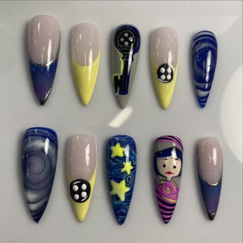 Coraline inspired nails, I think if I redone this set I would make the buttons and the key 3D instead🤔👀 #nailart #pressonnails #stilettonails #nailart #coralinenails #londonnails #londonnailtech #naildesigns #longnails #nailsnailsnails #halloweennailart #southlondonnails #southlondonnailtech London Nails, Inspired Nails, Halloween Nail Art, Stiletto Nails, Coraline, Nail Tech, Long Nails, Press On Nails, Nail Designs