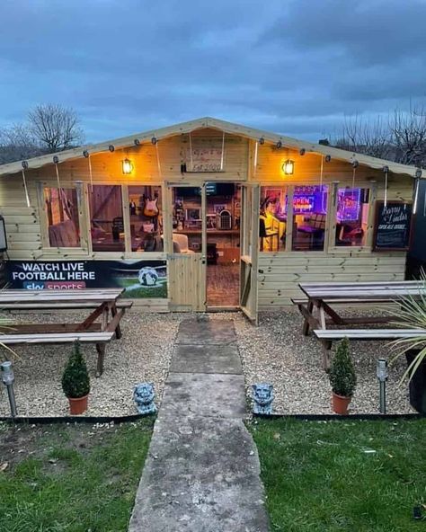 Sheds Turned Into Bars Backyards, Cook House Ideas Outdoor, Backyard Shop Buildings, Party Sheds Ideas Backyards, Party Shed Ideas, Backyard Bar And Grill Ideas, Backyard Pub Shed, Diy Backyard Bar, Backyard Bar Ideas