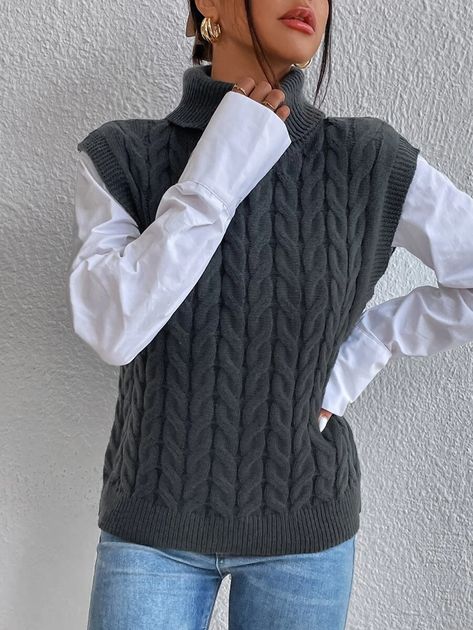 Turtle Neck With Vest, Turtle Neck Vest Outfit, Turtle Neck Sweater Vest Outfit, Sleeveless Turtle Neck Outfit, Grey Sweater Vest Outfit, Sweater Vest Turtle Neck, Turtle Neck Outfits, Pullover Sweaters Pattern, Knit Vest Outfit