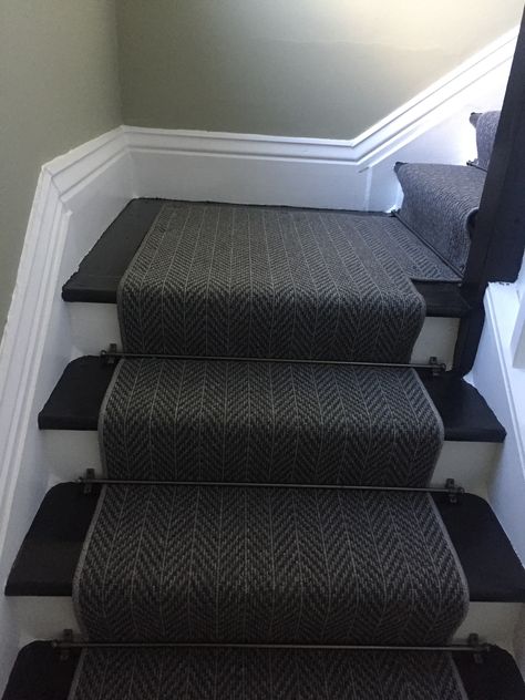 Dark grey briar stair runner Dark Grey Stair Runner, Dark Stair Runner Carpet, Grey Stair Runner, Black Banister, Tufted Leather Couch, Staircase Inspiration, Gray Stair Runner, Stairs Black, Dark Grey Carpet