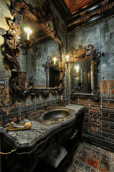 Steam Punk Bathroom, Rococo Bathroom, Victorian Gothic Bathroom, Gothic Victorian House, Gothic Industrial, Steampunk Bathroom, Groovy Room, Gothic Homes, Nyc Rooms