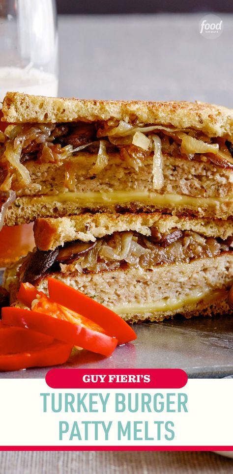 Recipe of the Day: Guy Fieri's Turkey Burger Patty Melts 🥪 If you think of turkey burgers as dry or bland, then you've never tried Guy's patty melts. It takes a bit of time to develop the flavors in this sandwich, but it's worth it. Two types of caramelized onions, gooey Gruyere and meaty mushrooms add decadent umami to the lean meat, which comes out juicy and flavorful. Turkey Burger Patty Melt, Turkey Patty Melt, Patty Melt Recipe, Turkey Patties, Melt Recipe, Patty Melt, Cheese Stuffed Peppers, Turkey Burger, Panko Bread Crumbs