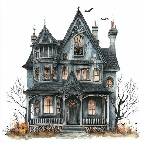 Creepy Haunted House Halloween Illustration in Vector Format Spooky Victorian House, Haunted House Exterior, Cute Haunted House, Creepy Haunted House, Spooky Houses, House Makeovers, Haunted House Halloween, Casa Halloween, Sims Builds