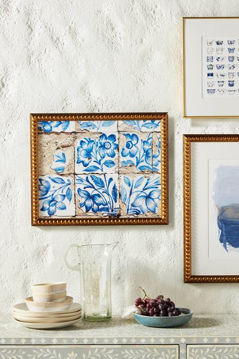 Lisbon Floral Tiles Five Wall Art Plexiglass Panels, Wall Mounted Bookshelves, Sculptural Chair, Artfully Walls, Tile Wall Art, Reclaimed Wood Coffee Table, Floral Tiles, Bhldn Weddings, Blue Tiles