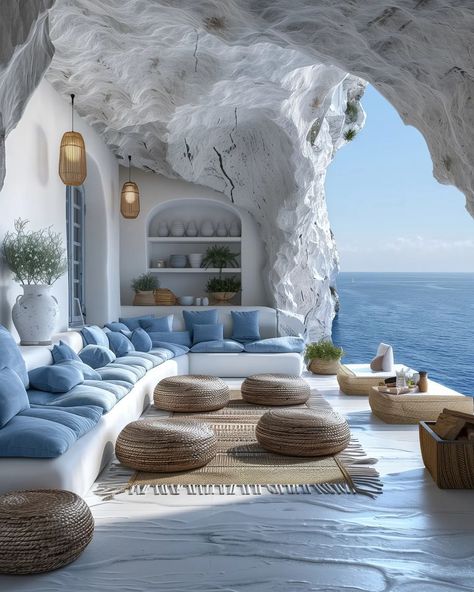 L U X R E V I V E | Dream Villa in Santorini, Greece? 🇬🇷 Swipe Left! Rate this place from 1-10 🤔 Concept by @luxrevive | Instagram Greek Living Room, Mediterranean House Interior, Greek Vibes, Greek Homes, Cave Houses, Greece Homes, Capri Italia, Waterfront Living, Santorini House