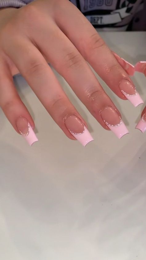 Coffin Pink Nail Ideas, Light Color French Tip Nails, Medium Rectangle Acrylic Nails, Valentines Day Nails Mid Length, Pastel Pink French Tip Nails Square, Pink French Tips Design, Simple Coffin Acrylic Nails Medium, Medium Square French Tip Acrylic Nails Pink, Pink Ballerina Nails Medium