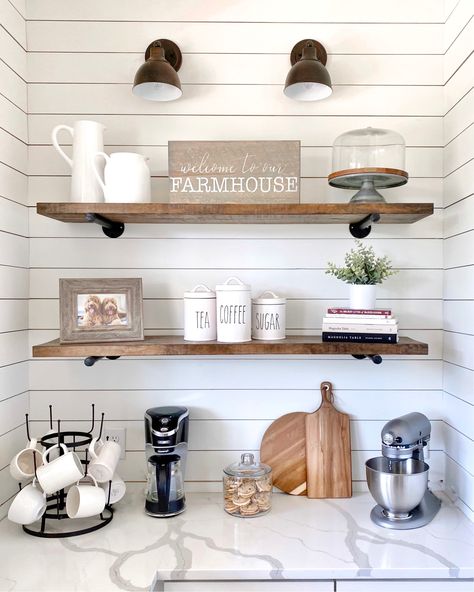 Kitchen Floating Shelves, Coffee Station Kitchen, Coffee Bar Station, Coffee Bar Ideas, Farmhouse Coffee Bar, Floating Shelf Decor, Kitchen Shelf Decor, Floating Shelves Kitchen, Home Coffee Stations