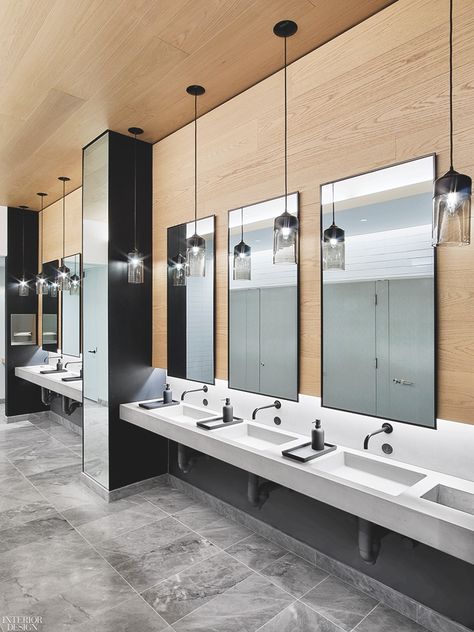 French marble floor tile and Hennepin Made pendant fixtures line a restroom. Office Bathroom Design, Public Restroom Design, Commercial Bathroom Designs, Zen Bathroom, Restroom Design, Wall Mount Faucet Bathroom, Public Bathrooms, Washroom Design, Faucet Design