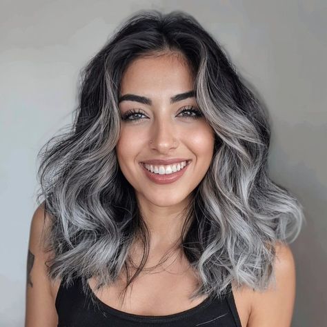 Gray On Top Black Underneath Hair, Highlights On Top Dark Underneath, Dark Brown To White Ombre Hair, Gray Face Framing Highlights, Silver Blonde Hair Balayage, Black Hair With Silver Highlights, Grey Bangs, Hear Styles, Brown Hair With Silver Highlights