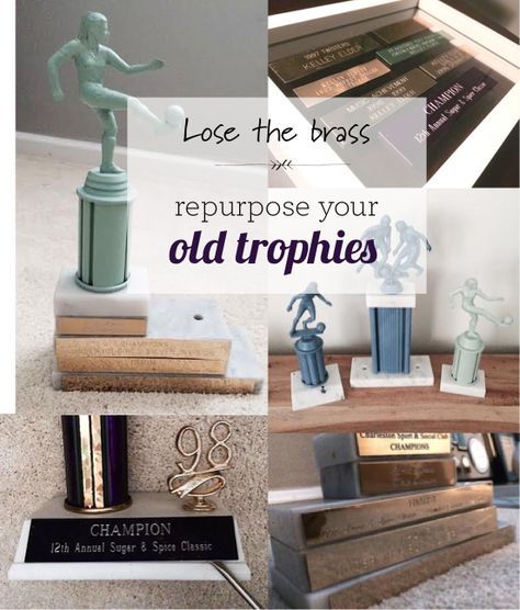 Lose the brass! Repurpose your box of old trophies Upcycle Old Trophies, Repurpose Trophies, Repurposed Trophies, Diy Trophies, Homemade Trophies, Trophy Craft, Diy Trophy, Trophy Stand, Trophy Ideas