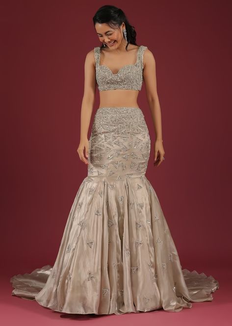 Organza Oyster Mermaid Lehenga With A Stone Motif Veil And Crop Top Crop Top Lehenga Wedding Indian Fashion, Fishcut Lehenga Pattern, Crop Top Lehenga Wedding, Crop Top And Skirt Indian, Skirt And Top Indian, Reception Lehengas, Mermaid Lehenga, Reception Saree, Lehenga Pattern