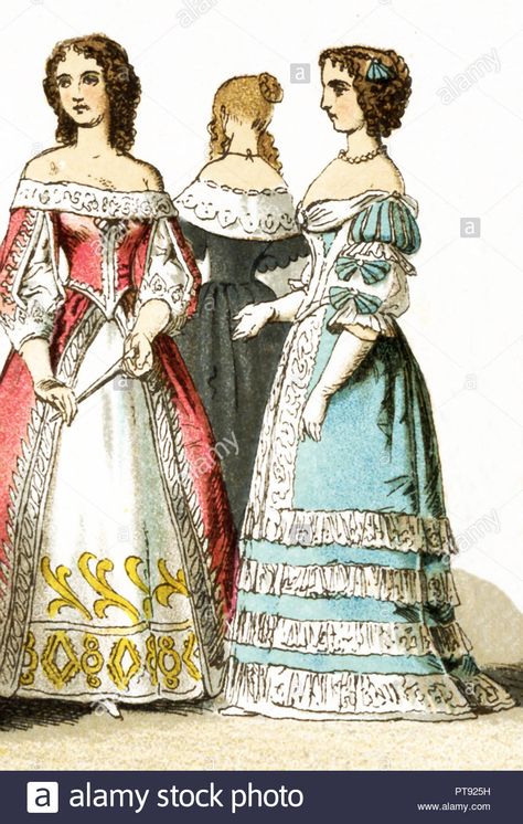 The Figures represented here are all French ladies of the court living in the 17th century, specifically between 1600 and 1670. The illustration dates to 1882 1400s French Fashion, Traditional French Clothing Women, 17th Century Dress French, 17th Century French Fashion, French Traditional Clothing, Baroque Fashion 17th Century, 17th Century Fashion Women, French Traditional Dress, Traditional French Clothing