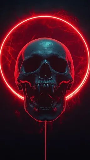 ↑↑↑ Larger size on website 🔸 A dark, detailed skull with sharp teeth is surrounded by a glowing, red, circular neon light. The li Skull With Sharp Teeth, Glowing Skull, Smoky Background, Dramatic Scene, Red Neon, Sharp Teeth, Neon Lighting, Neon, Red