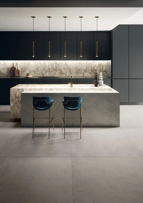 Ikon tiles designed by tile brand Ceramiche Keope Kirchen Design, Modern Kitchen Tiles, Concrete Tile Floor, Brown Tile, Design Tiles, Concrete Kitchen, Concrete Tiles, Kitchen Diner, Open Plan Kitchen