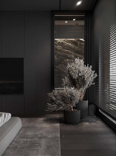 Minimal Black Aesthetic, Dark Interiors Bedroom, Black Apartment Aesthetic, Interior Planters, Modern Minimal Interior Design, Dark Interior Design, Planters Ideas, Black Interior Design, Weekly Newsletter