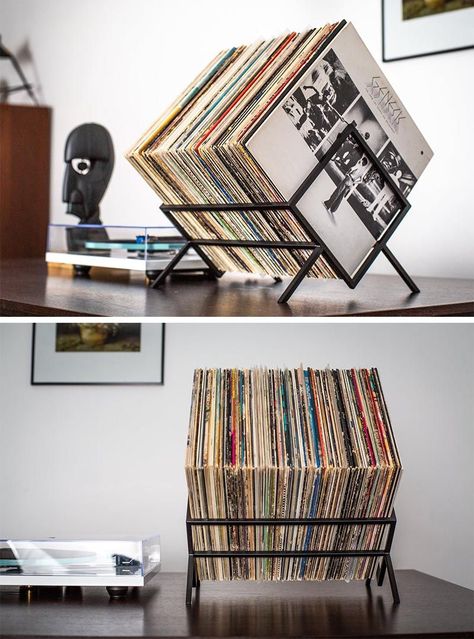 Minimalist vinyl record storage cube made from black metal. Metal Vinyl Storage, Vinyl Record Storage Ideas, Record Storage Ideas, Diy Vinyl Storage, Lp Regal, Vinyl Record Furniture, Vinyl Record Room, Cd Display, Store Vinyl Records