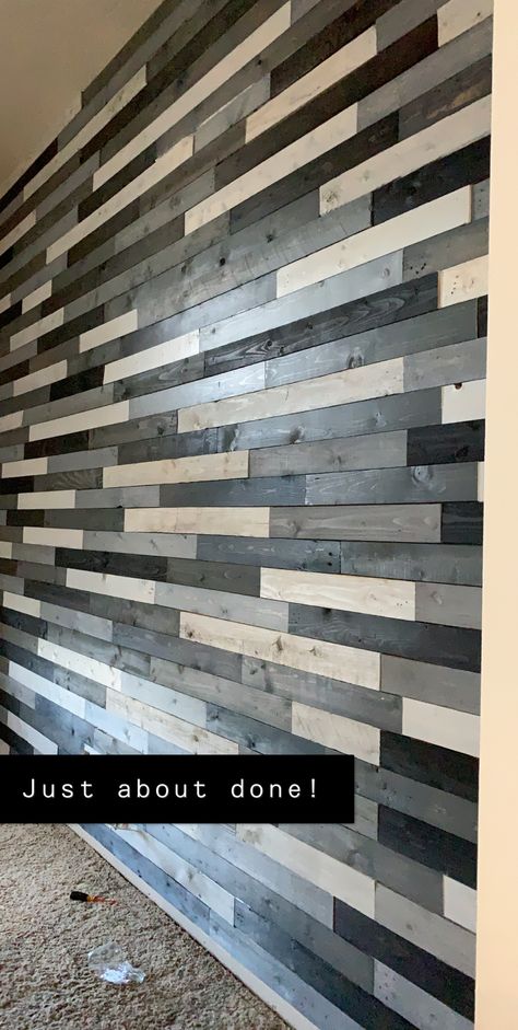 Wall Indent Ideas, Pallet Walls Outdoor, Modern Pallet Wall, Black Pallet Wall Bedroom, Wall Indent, Pallet Wall For Cast Iron, Stained Pallet Wood Wall, White Washed Pallet Wall, Grey Pallet