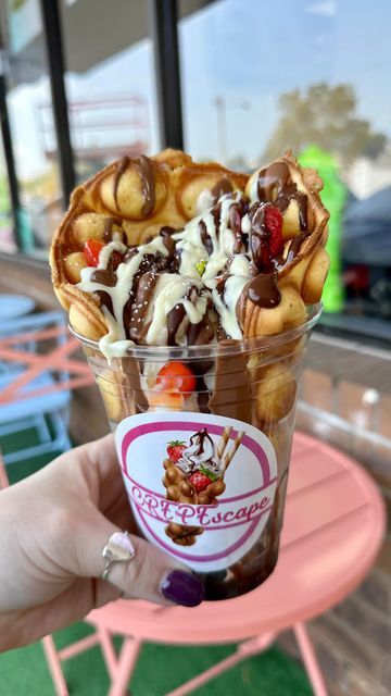 Meghan on Instagram: "💕🧇 @crepescape_ is a dessert-lover’s dream come true! From their Crepes, to their Bubble Waffles, to their Waffle Stix, to their Boba Tea (they offer fruit popping pearls, too), you’re definitely in for a SWEET TREAT! 📍26731 Brookpark Extension in North Olmsted . . #cleveland #northolmsted #dessert #ohio #216 #westlakeohio #cle" Waffle Bar Aesthetic, Waffle Dessert Ideas, Smoothie Packaging, Popping Pearls, Waffle Pops, Bubble Waffles, Waffle Shop, Catering Van, Fun Drink Recipe