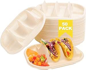 LUVCOSY 50 Pcs Small Disposable Taco Plates with Dividers, Cornstarch Taco Holder Plates, Stand Up Divider for 2 Tacos, Square Fiesta Taco Trays, 8" x 7"x 1.9", Handy For Street Taco Stand Taco Plate, Hard Shell Tacos, Taco Holder, Taco Holders, Taco Stand, Taco Party, Street Tacos, Taco Bar, Taco Night