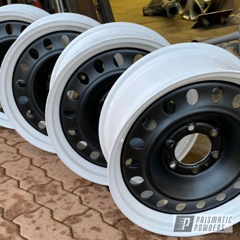 Powder Coating: Wheels,Automotive,BLACK JACK USS-1522,Toyota,Cloud White PSS-0408,Two Toned Steel Rims Ideas, Powder Coated Wheels, Steel Wheels Ideas, White Wheels, Ford Pinto, Combi Volkswagen, Rims And Tires, Rims For Cars, Steel Rims