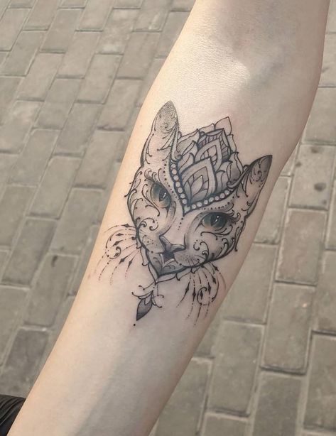 Ornamental Cat Tattoo Butterfly Cat, Cat Tattoos, Tattoo Cat, Full Sleeve Tattoos, Mountain Tattoo, Dot Work Tattoo, Grey Tattoo, Blackwork Tattoo, Cat Tattoo