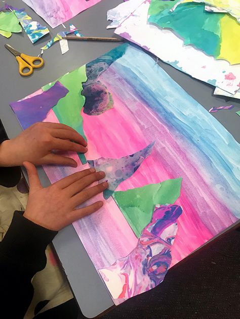 How to Make Marble Paper Art Landscape Collages for Kids Collages For Kids, Paper Art Landscape, Marble Paper Art, Marble Landscape, Landscape Art Lessons, Kids Collage, Collage Landscape, 3rd Grade Art, Elementary Art Projects