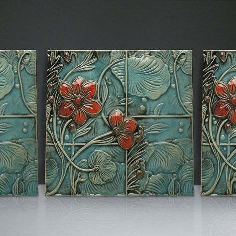 This beautiful ceramic tile features an aquamarine blue/green and red floral pattern from the Art Nouveau era. The Art Nouveau movement was known for its intricate designs and organic shapes inspired by nature. The stems symbolize purity and innocence, making it a perfect gift for someone special. This tile is ideal for adding a touch of elegance to any room in your home. Craftsman Interior Design, Craftsman Tile, Craftsman Decor, Craftsman Interior, Organic Patterns, Art Deco Abstract, Art Nouveau Tiles, Unique Tile, Art And Craft Design