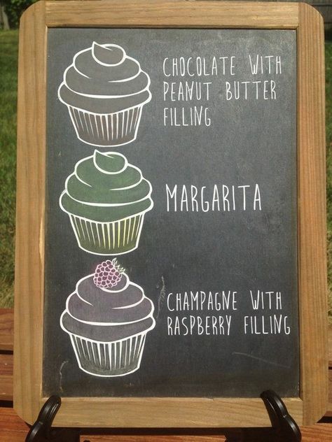 Love this idea so people know what cupcakes there are! Pie Display, Fall Wedding Groomsmen, Cupcake Truck, Outdoor Wedding Cake, Cupcake Displays, Beach Reception, Cupcake Signs, Chalkboard Art Quotes, Chalkboard Doodles