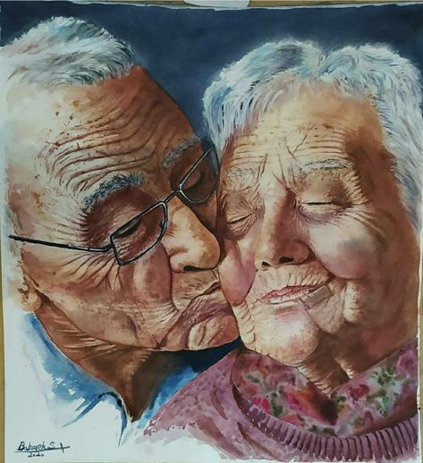 Old Couple In Love, Arte Doodle, Old Couple, Gold Art Painting, Growing Old Together, Couple Painting, Old Couples, Couple In Love, Art Gold