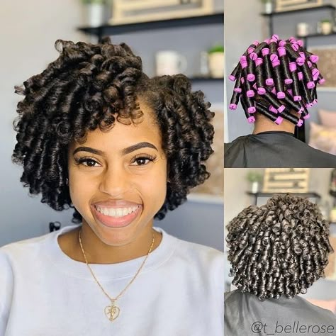 photo collage of pretty woman smiling sitting in the hair salon with purple perm rods and curly hair Short Hair Perm, Natural Hair Rod Set, Natural Braid Styles, Hair Rods, Cornrows With Box Braids, Curling Wands, Perm Rod Set, Heatless Curling, Hair Perm