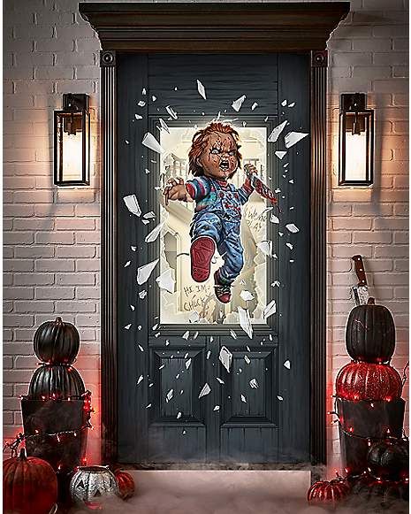 Chucky Door Cover - Child's Play - Spirithalloween.com Disney Baby Costumes, Spider Web Decoration, Childs Play Chucky, Movie Decor, Horror Decor, Ghost Decoration, Halloween Door Decorations, Scary Costumes, Classic Horror Movies